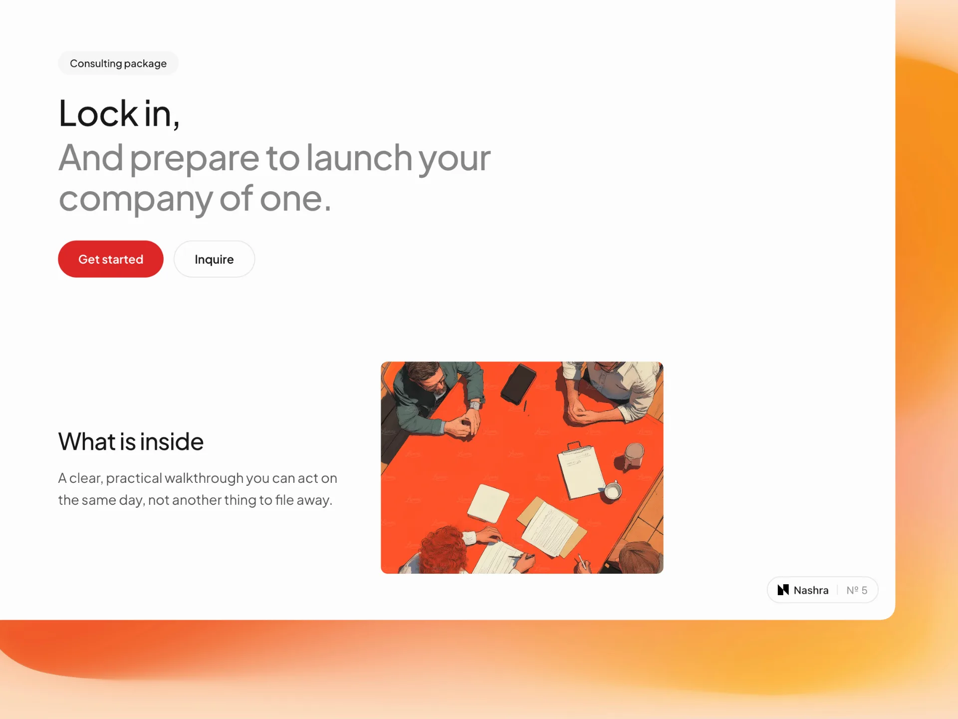 A consulting-package page on a Nashra Hub, with the site's posts, services, and resources in the sidebar and a subscribe button