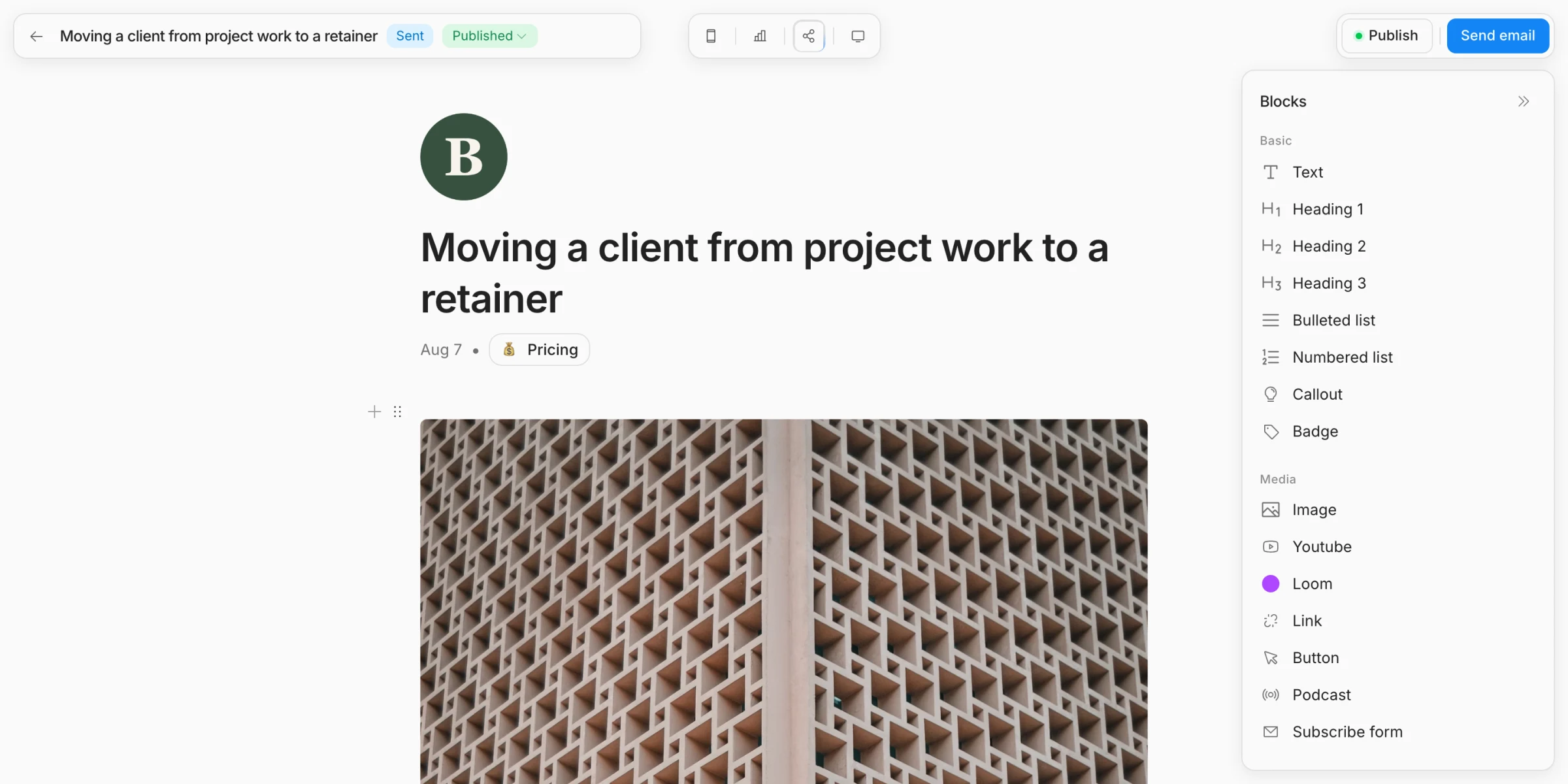 Screenshot: a post in the editor, marked Sent and Published from a single draft
