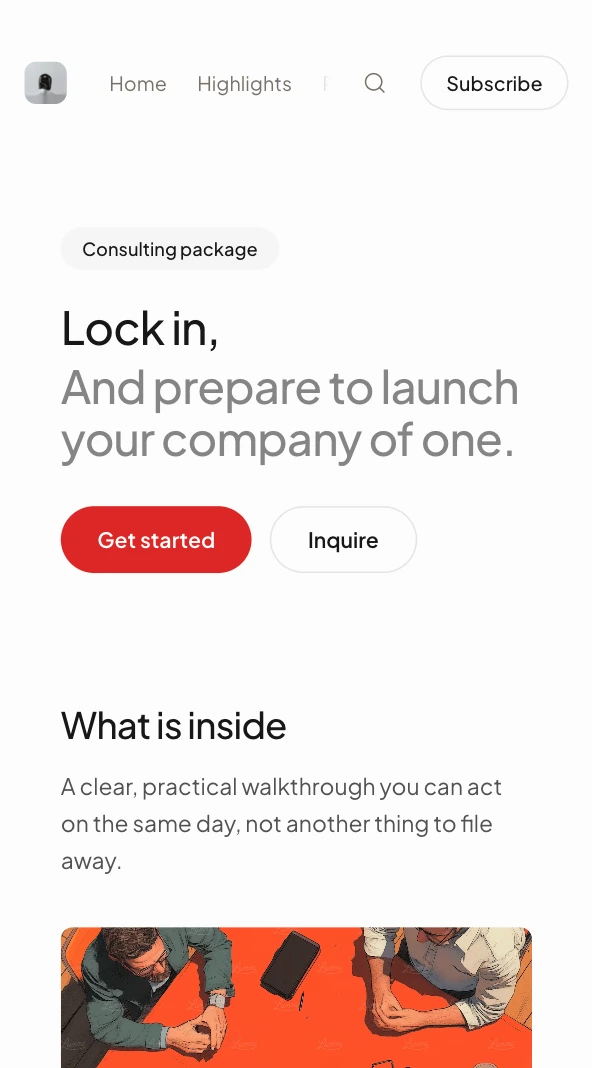A landing page on an ilham.io hub: a consulting package with its offer headline and calls to action
