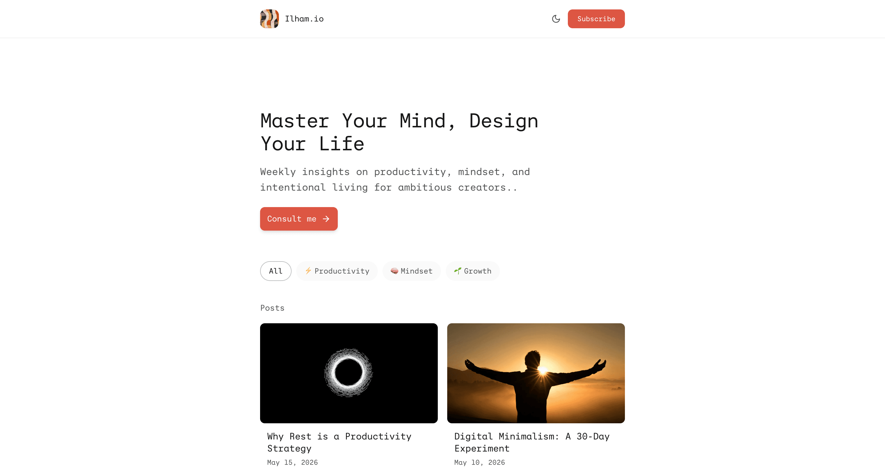 A Nashra Hub with header, hero, category pills, and posts grid.