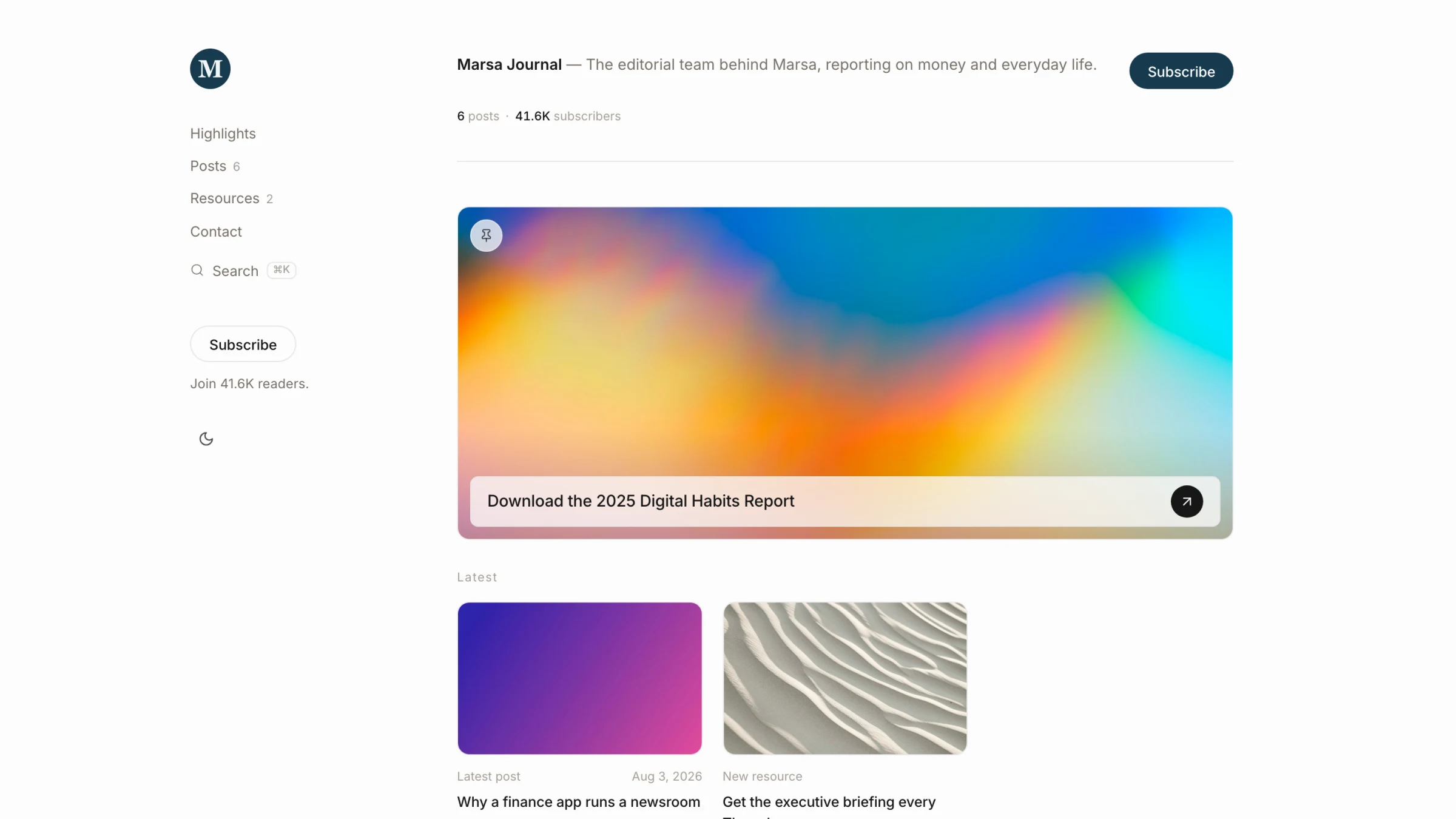 Screenshot: a Hub published under its own masthead and domain