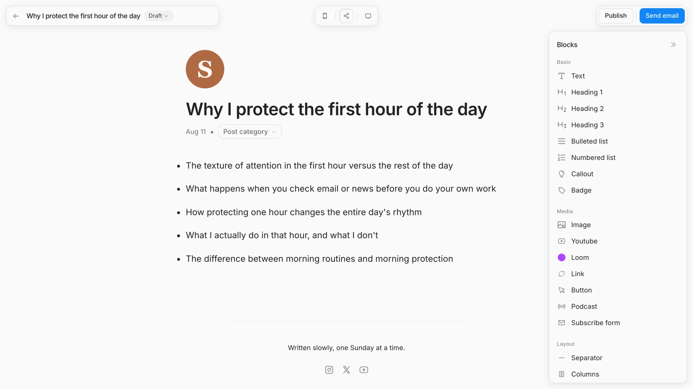 Screenshot: a post in the editor, ready to publish to the web and send to inboxes