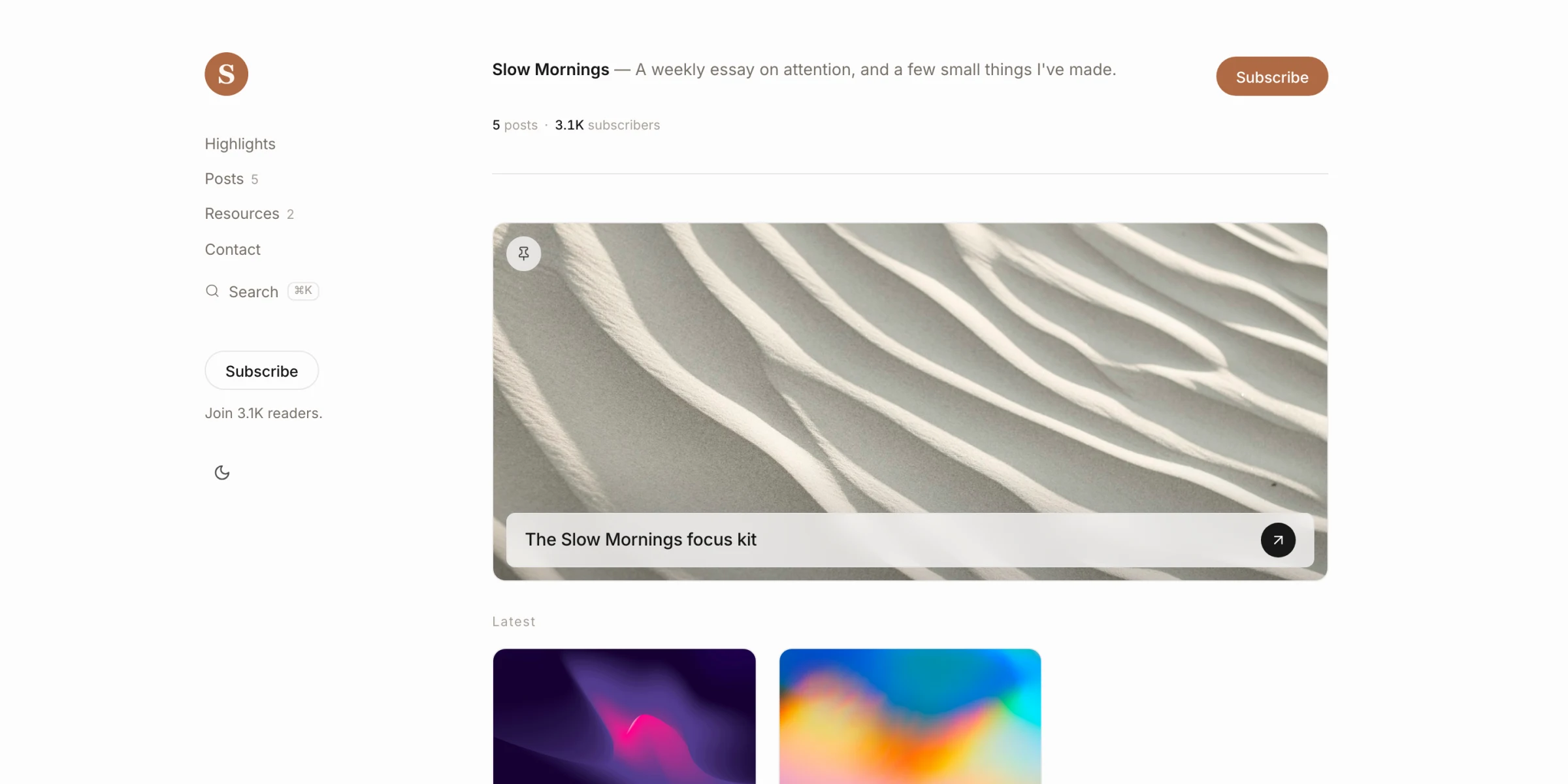 Screenshot: one writer's Hub — name, description, posts, and resources in a single home