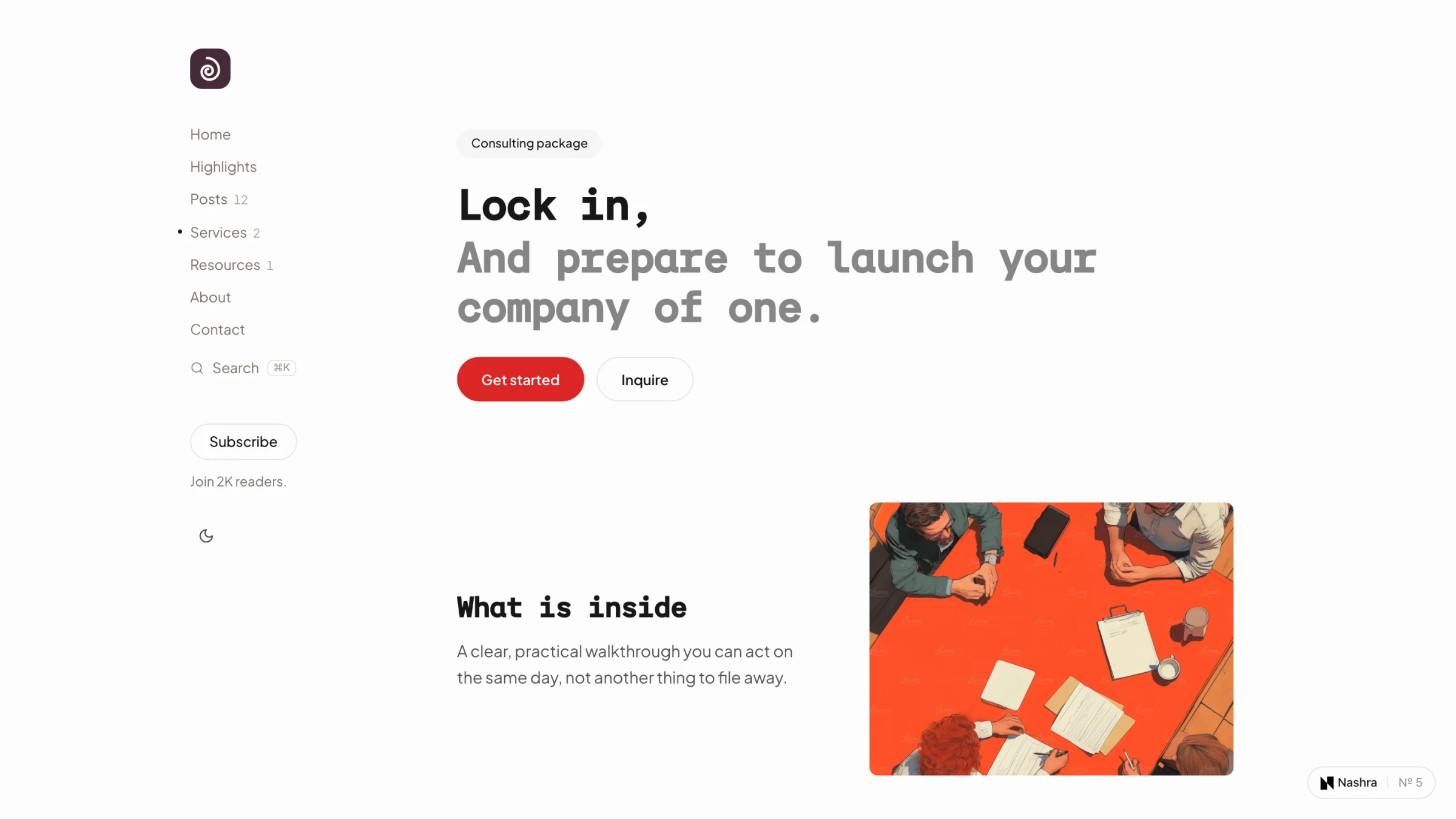 Screenshot: an advisory landing page with Get started and Inquire calls to action