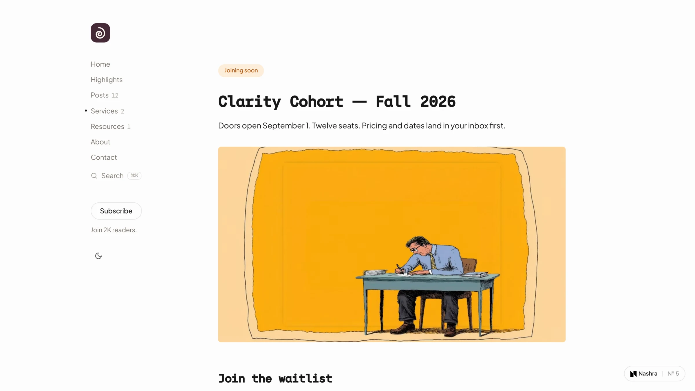 Screenshot: a cohort landing page with its waitlist signup form