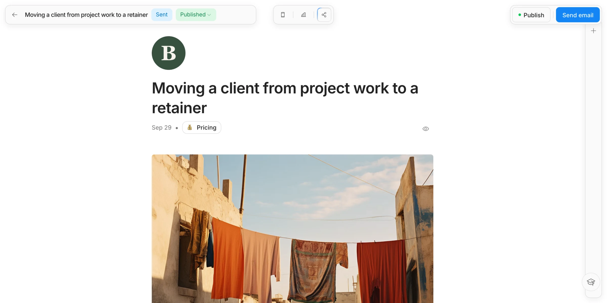 Screenshot: a post in the editor, marked Sent and Published from a single draft