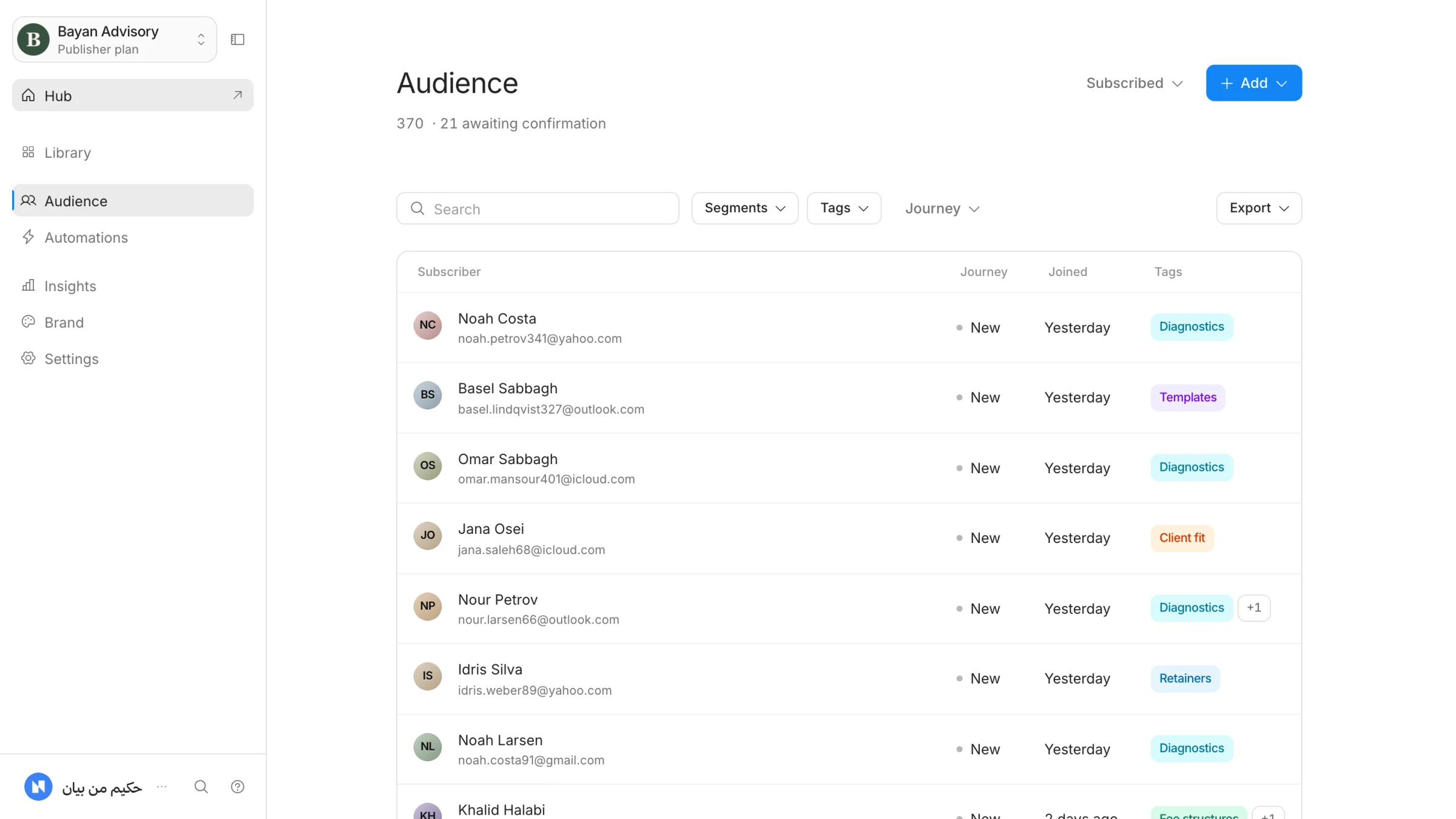 Screenshot: an audience list with each subscriber tagged by specialty