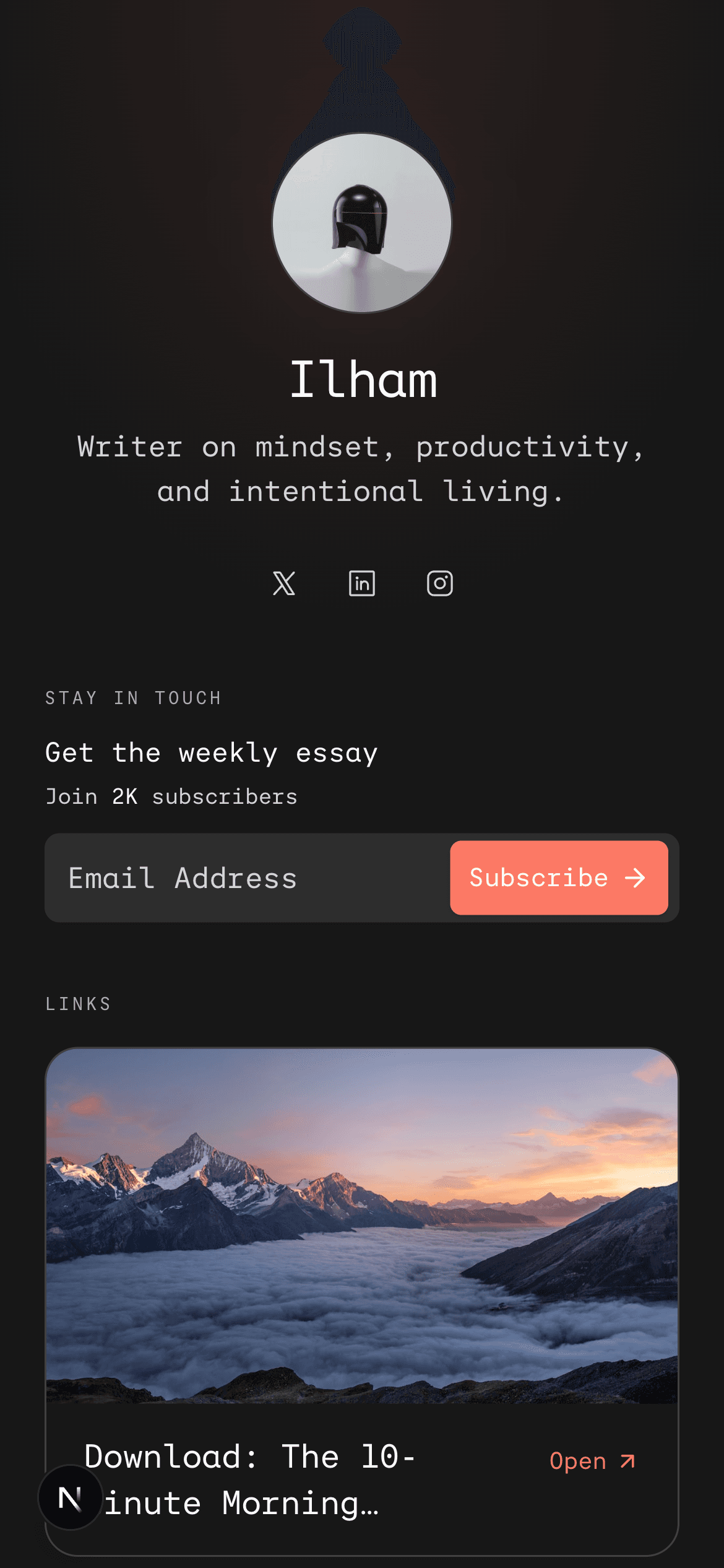 A writer's Hub on a phone: bio, weekly essay signup, and links.