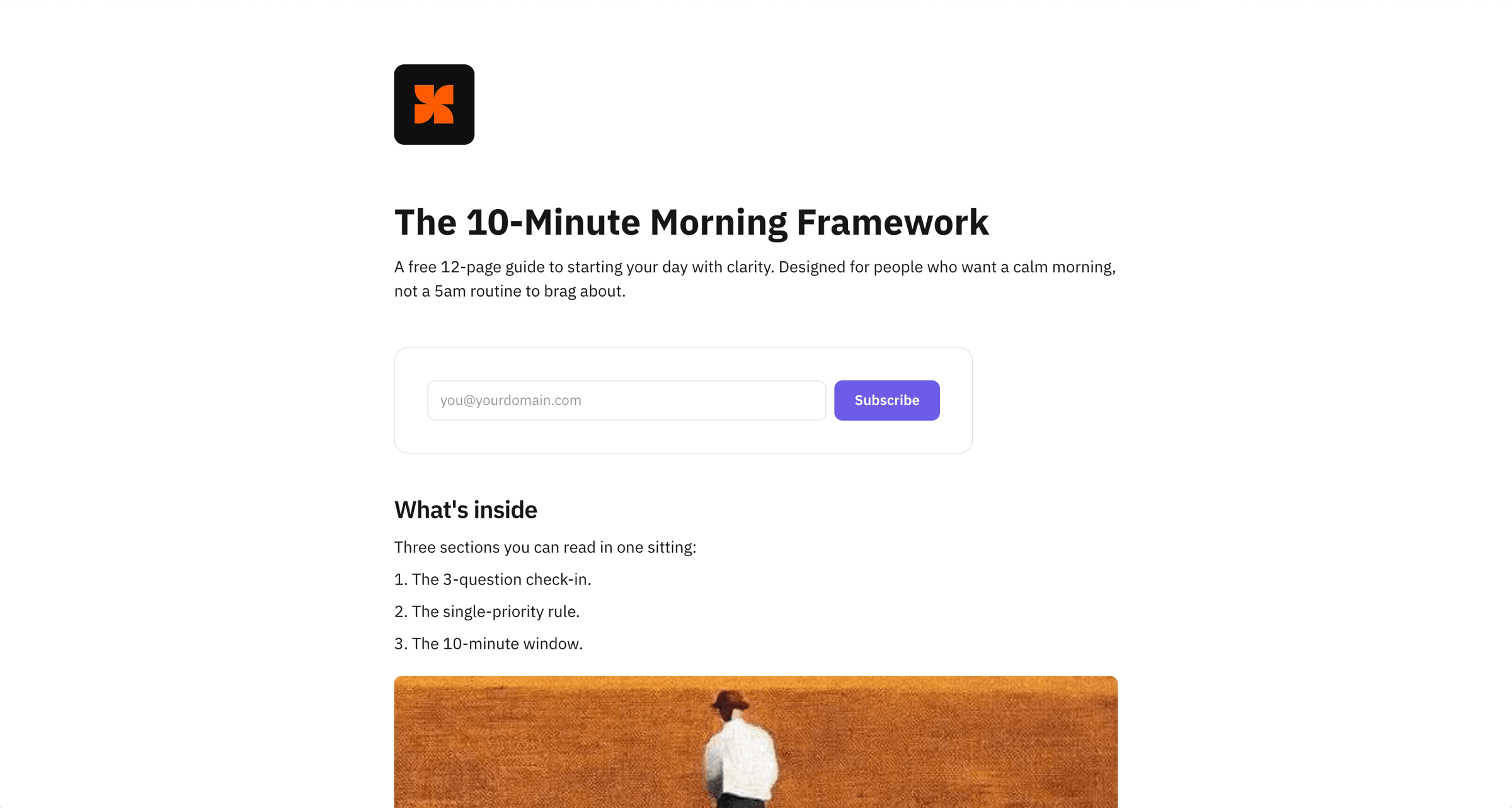 Landing page rendered on the creator's domain — hero, subscribe form, and content.