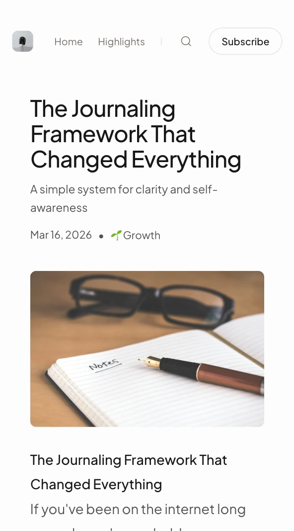A published post on an ilham.io hub: The Journaling Framework That Changed Everything